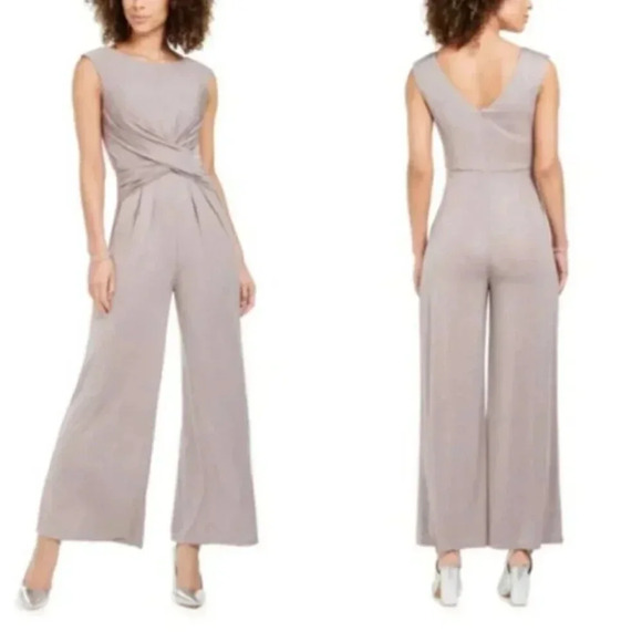 Eliza J Twist Front Boat Neck Jumpsuit Taupe Glittery 4 - Picture 2 of 16